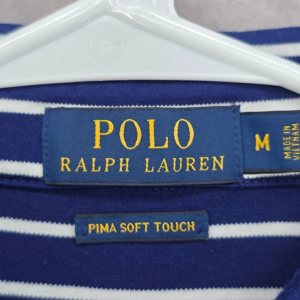 Polo Ralph Lauren Mens Medium Striped Polo Shirt Pima Soft Touch Navy Blue White